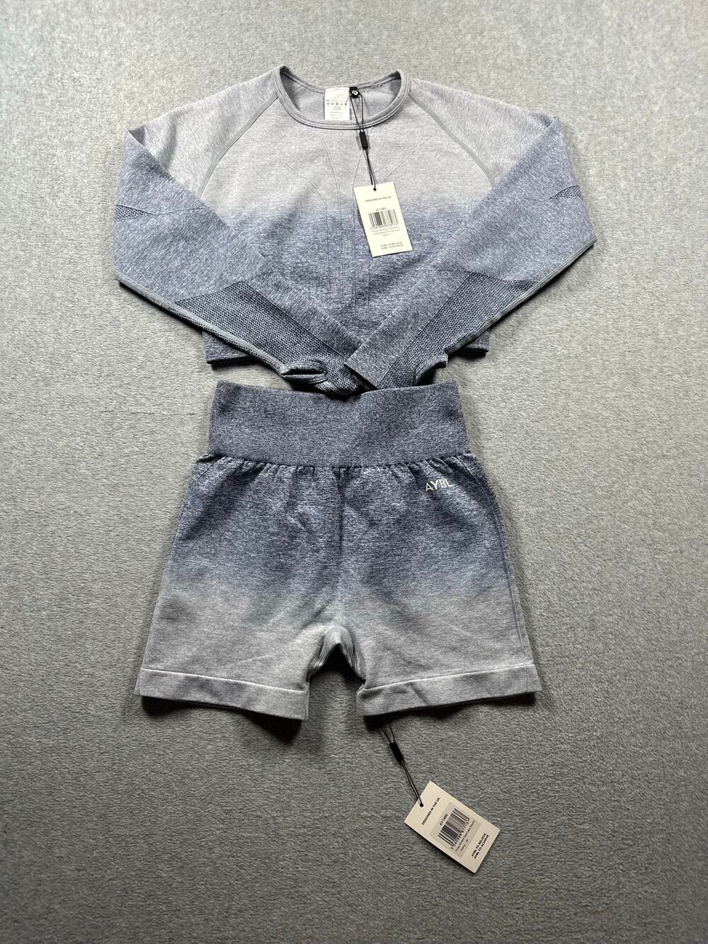 AYBL Pulse Ombre Seamless 2-Piece Gym Set Women's Gray/Blue Crop Top Shorts NWT